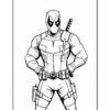 Line art of Deadpool, a muscular character in a red and black suit, standing confidently with his hands on his hips and swords on his back.