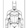 Batman, depicted in his iconic costume with a cape and cowl, stands with a serious expression and clenched fists.