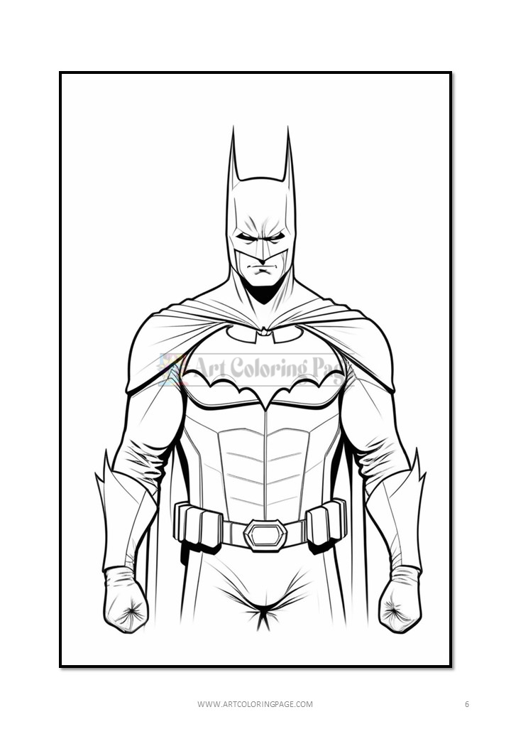 Batman, depicted in his iconic costume with a cape and cowl, stands with a serious expression and clenched fists.