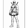 Deadpool is depicted in a dynamic pose, wearing his signature red and black suit, holding katanas, with a confident expression.