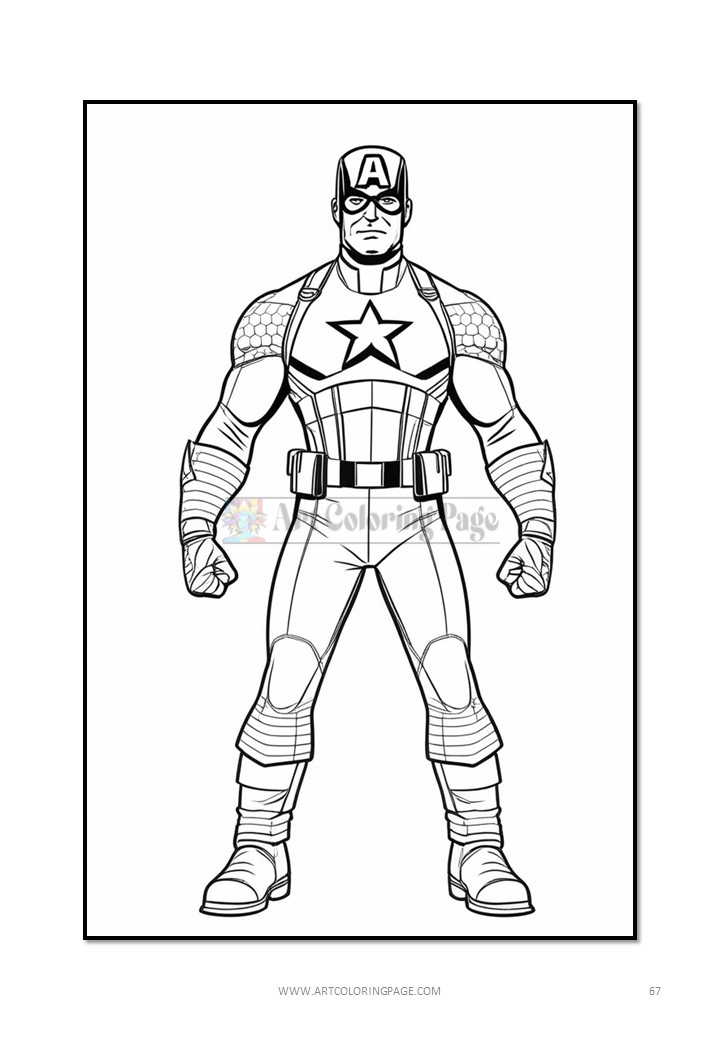 A line-art illustration of Captain America, wearing his iconic costume with a star emblem on his chest.