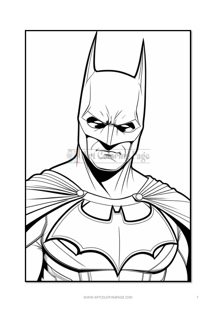 Batman in a detailed black-and-white line art illustration, showcasing his iconic cowl and cape.