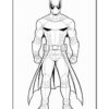 A superhero character in a muscular pose, wearing a mask, cape, and body armor. The image is outlined for coloring.