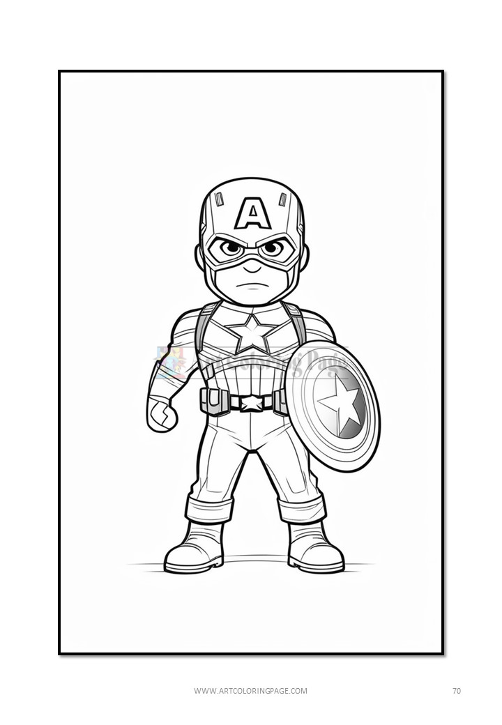 A cartoon character resembling Captain America, wearing a mask and shield, stands heroically with a determined expression.