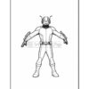 A line drawing of a superhero in a high-tech suit with antennae and holsters, ready for action.