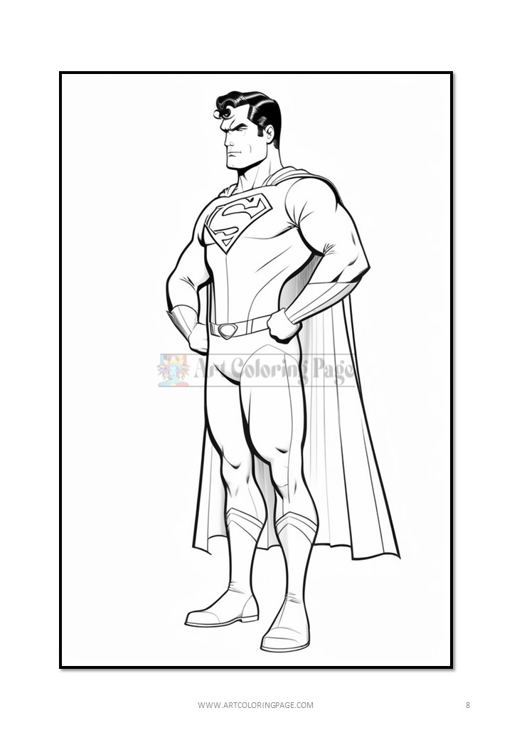 Superman stands confidently with his hands on his hips, wearing his classic costume and cape.