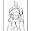 Batman stands confidently with his cape flowing, showcasing his iconic costume and muscular physique in a coloring page design.