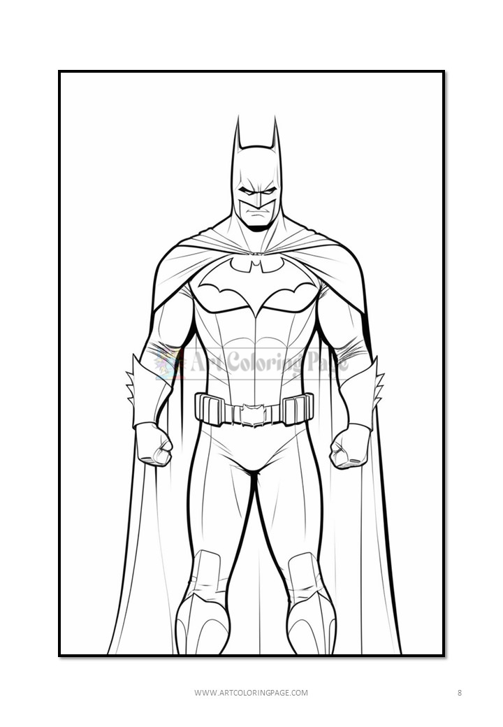 Batman stands confidently with his cape flowing, showcasing his iconic costume and muscular physique in a coloring page design.