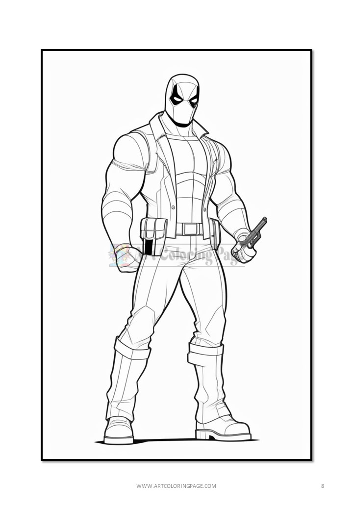 Deadpool stands confidently with a gun, wearing his signature mask and a tactical outfit, ready for action.