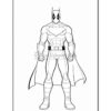 A superhero with a bat-themed costume, dark cape, and muscular build, ready for action in a coloring page style.