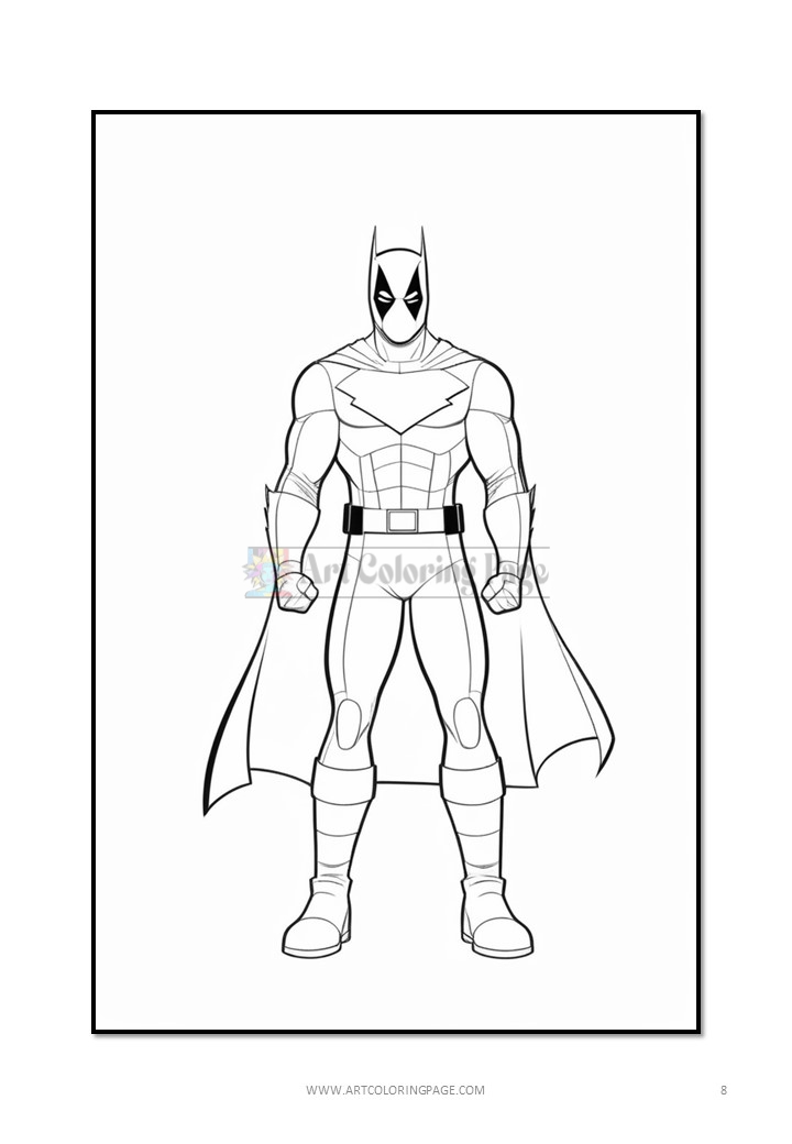 A superhero with a bat-themed costume, dark cape, and muscular build, ready for action in a coloring page style.