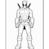Deadpool stands confidently, equipped with swords on his back, wearing a red and black costume in a coloring page style.