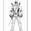 Line art of Deadpool, a muscular superhero, standing confidently with swords and guns, dressed in a red and black suit.