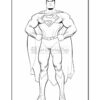 Superman stands confidently with his iconic cape and emblem on his chest, depicted in a coloring page style.