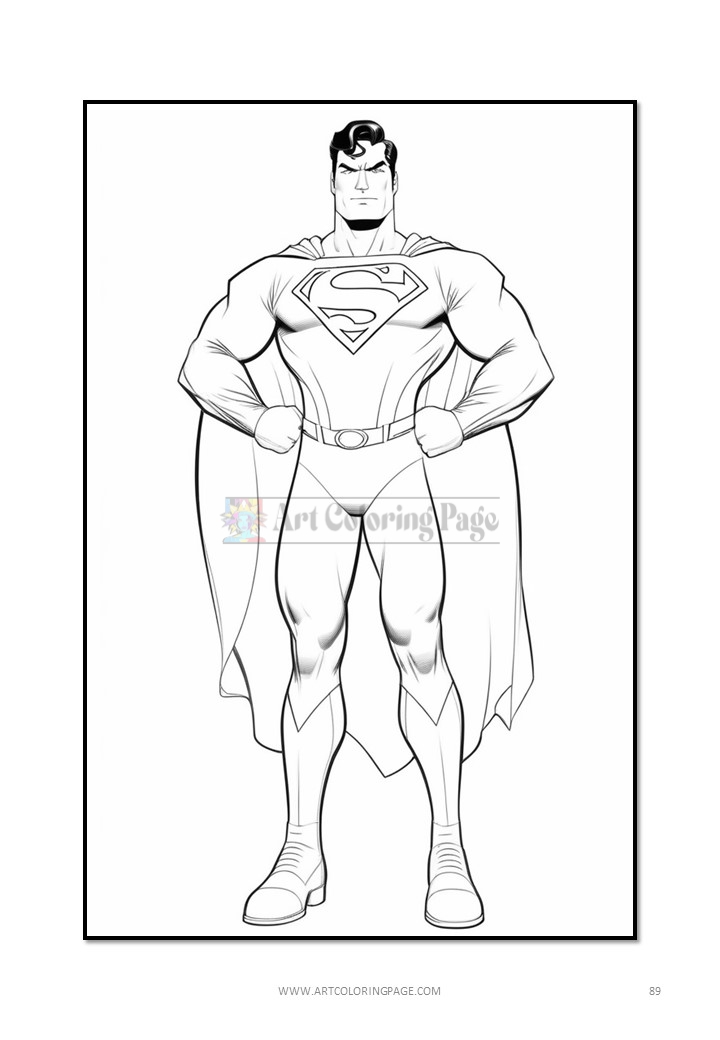 Superman stands confidently with his iconic cape and emblem on his chest, depicted in a coloring page style.