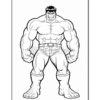 Hulk stands with a muscular build and an intense expression, ready for action in this black and white coloring page.