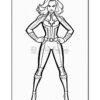 A superhero with long hair, wearing a form-fitting suit, stands confidently with hands on hips, showcasing a powerful pose.