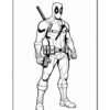 Deadpool standing confidently, wearing a black and red costume, equipped with weapons, against a white background.