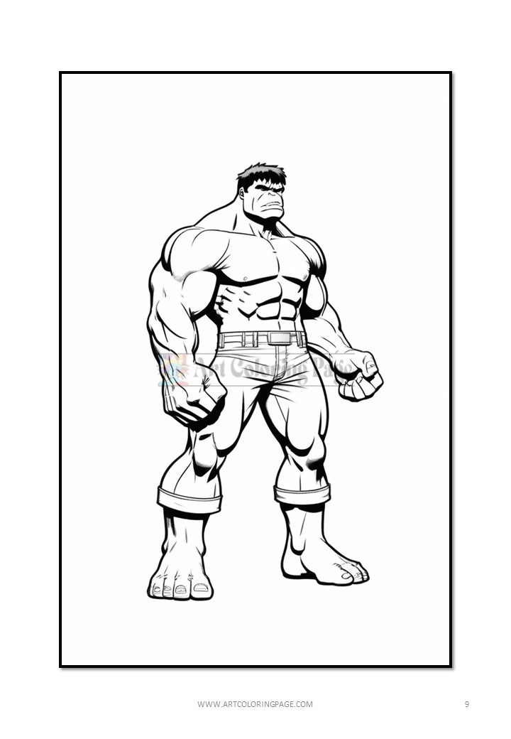 A muscular green superhero with gray pants and an angry expression, known as Hulk, stands confidently with clenched fists.