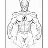 A muscular superhero with a lightning bolt emblem on his chest, wearing a tight suit and gloves, poses confidently.