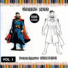Doctor Strange coloring page featuring colored and uncolored illustrations, labeled 