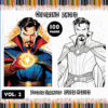 Doctor Strange coloring page from a coloring book featuring two images of the character, one in color and one in black and white. Free coloring pages available at artcoloringpage.com.
