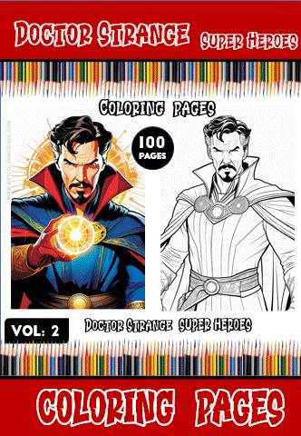 Doctor Strange coloring page from a coloring book featuring two images of the character, one in color and one in black and white. Free coloring pages available at artcoloringpage.com.