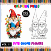 Gnome characters surrounded by flowers on a colorful background, showcasing a coloring book cover for a series of coloring pages.