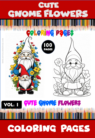 Coloring pages featuring cute gnome flowers, part of a coloring book collection from artcoloringpage.com, with 100 pages available.