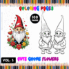 Cute gnome illustrations surrounded by flowers, featured in a coloring book with 100 pages of coloring pages from artcoloringpage.com.