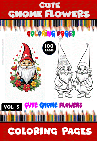 Cute gnome illustrations surrounded by flowers, featured in a coloring book with 100 pages of coloring pages from artcoloringpage.com.