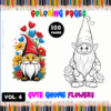 Cute gnome illustrations surrounded by flowers, featuring a colorful cover for a coloring book with the title 