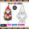 Coloring pages featuring cute gnomes with flowers, part of a coloring book series by artcoloringpage.com.