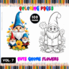 Cute gnomes with flowers featured on a coloring page from artcoloringpage.com, part of a coloring book series with 100 pages.