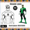 Green Lantern superhero coloring page with a male character in a green costume, featuring a title for a coloring book from artcoloringpage.com.