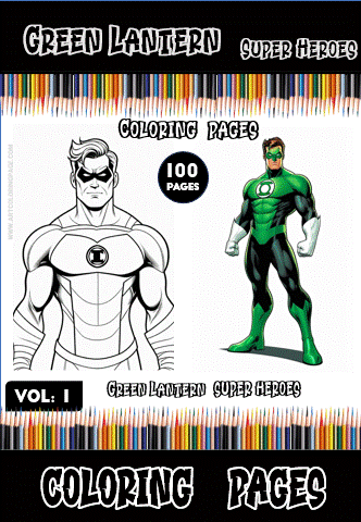 Green Lantern superhero coloring page with a male character in a green costume, featuring a title for a coloring book from artcoloringpage.com.