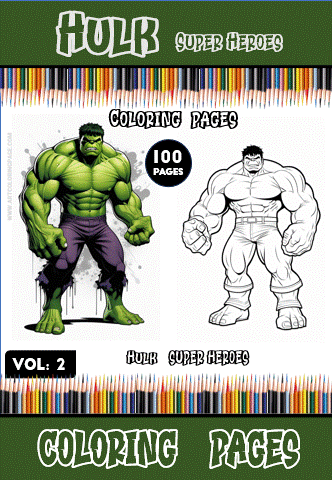 A colorful Hulk-themed coloring book cover featuring two Hulk illustrations, promoting 100 free coloring pages at artcoloringpage.com.