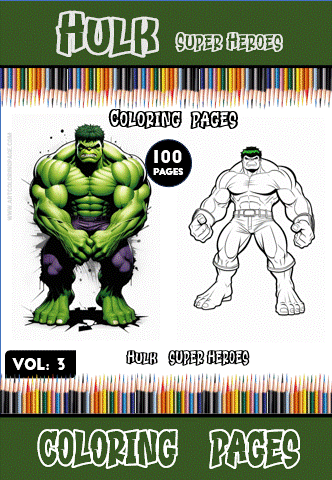 Hulk coloring page featured in a superhero coloring book, promoting free coloring pages on artcoloringpage.com.