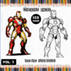 Iron Man coloring page featuring a colored version on the left and a black and white sketch on the right, from artcoloringpage.com.