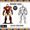Iron Man coloring page featuring a colored superhero illustration alongside a black and white version, promoting free coloring pages from artcoloringpage.com.