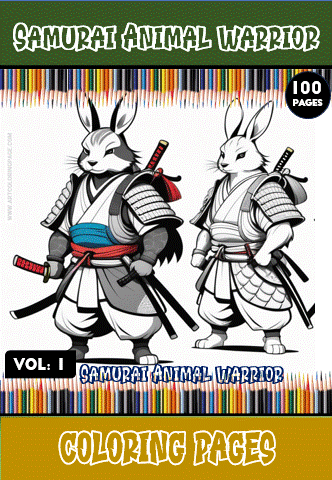 Samurai animal warrior coloring page featuring two illustrated rabbits in traditional samurai attire with swords. Free coloring pages from artcoloringpage.com.