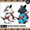 Samurai animal warrior illustration for a coloring book, featuring a white rabbit and black rabbit in traditional attire, promoting free coloring pages at artcoloringpage.com.