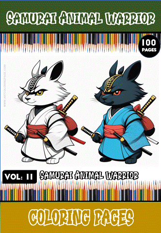 Samurai animal warrior illustration for a coloring book, featuring a white rabbit and black rabbit in traditional attire, promoting free coloring pages at artcoloringpage.com.
