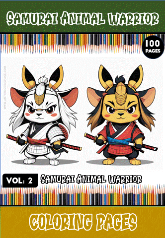 Samurai Animal Warrior characters in a coloring page design, featuring vibrant colors and a bold title, part of a free coloring book series from artcoloringpage.com.