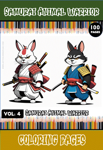 Samurai Animal Warrior coloring page featuring two characters in traditional attire, part of a free coloring book series at artcoloringpage.com.