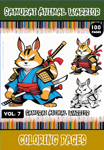 Samurai Animal Warrior coloring book cover featuring a stylized rabbit in armor, promoting free coloring pages at artcoloringpage.com.