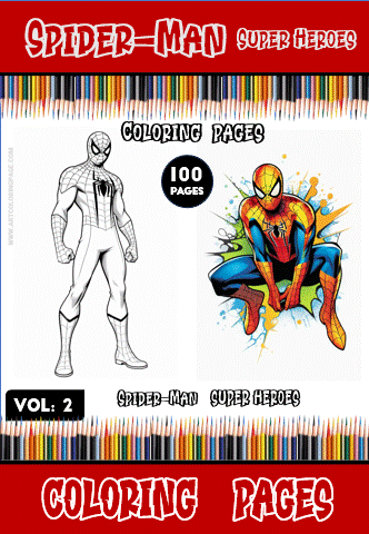 Spider-Man coloring book cover featuring black and white and colorful illustrations, promoting free coloring pages at artcoloringpage.com.