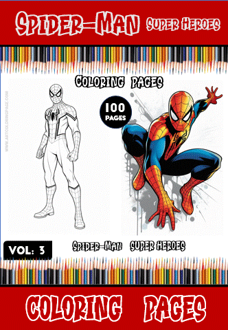 Spider-Man coloring book cover featuring two Spider-Man images, with the title and free coloring pages listed prominently.