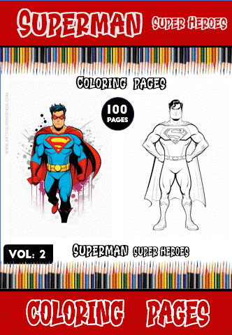 Superman coloring page featuring colorful artwork on one side and a black and white outline for coloring on the other side, from artcoloringpage.com.