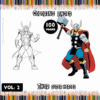 Thor coloring pages from a coloring book, featuring an illustration of Thor in both outline and colored form, with a palette background.